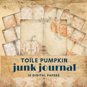 Toile Pumpkin junk journal digitaal papier, herfstdamast afdrukbare ephemera, vintage herfstcollage gerecycled papier plakboek, papieren collage