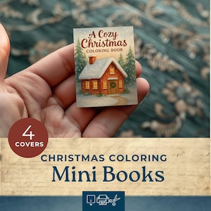 Könnte beinhalten: Ein Mini-Malbuch mit dem Titel "A Cozy Christmas" mit einer Illustration eines schneebedeckten Hauses. Das Buch wird in einer Hand gehalten, mit einem Etikett mit der Aufschrift "4 Covers". Darunter steht "Christmas Coloring Mini Books".