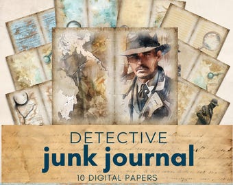 Junk Journal Detective Paper, Detective Crafting Kit, Paper Craft, vintage Detective Junk Journal Pages, Mystery Junk Journal Paper