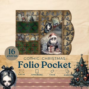 Gothic Christmas Junk Journal folio , dark academia junk journal , trifold pocket ephemera,  vintage printable paper scrapbook kit,