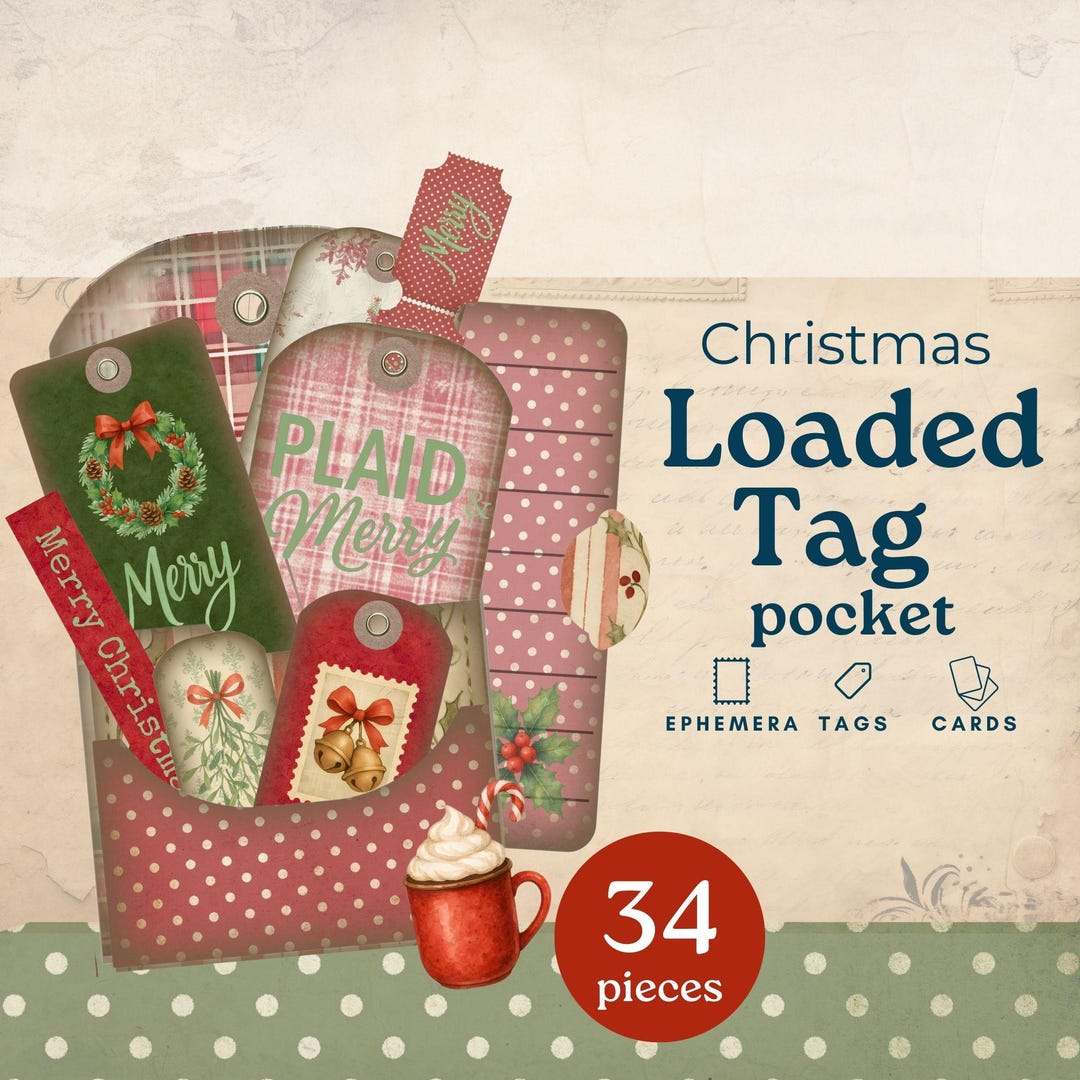 Christmas Junk Journal Pocket Tags, Xmas Plaid Loaded Junk Journal Tags ...
