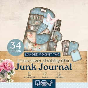 Étiquettes chargées, journal indésirable, shabby chic, étiquettes de poche chargées floral sarcelle imprimables, cadeau pour les amoureux des livres, collage de papier de scrapbooking, JJ1