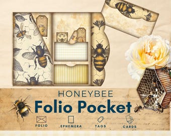 Honey Bee folio, bee folio, bee keeper journal, bee collage sheet, shabby chic junk journal,  printable paper, digital paper, JJB101