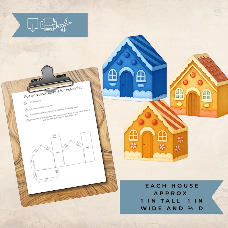 May include: Three colorful gingerbread house designs. Each house is approximately 1 inch tall, 1 inch wide, and 0.5 inch deep. Instructions for assembly are included on a clipboard. The houses are blue, orange, and yellow with decorative details.