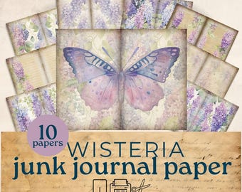 Wisteria junk journal paper, purple  floral junk journal, wisteria  junk journal page, lavender printable junk journal pages