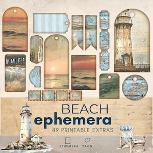 Vintage Beach junk journal ephemera, ocean ephemera paper craft, trifold pocket ephemera, shabby chic beach printable paper scrapbook kit