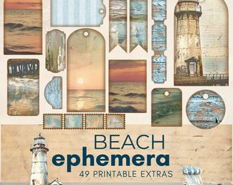 Vintage Beach junk journal ephemera, ocean ephemera paper craft, trifold pocket ephemera, shabby chic beach printable paper scrapbook kit