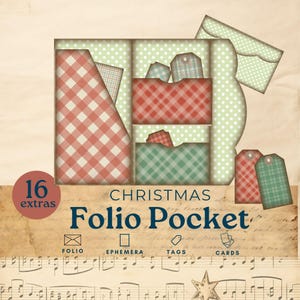 Christmas Junk Journal folio,Christmas Plaid junk journal folio, trifold pocket ephemera, printable paper sheets scrapbook kit,collage paper