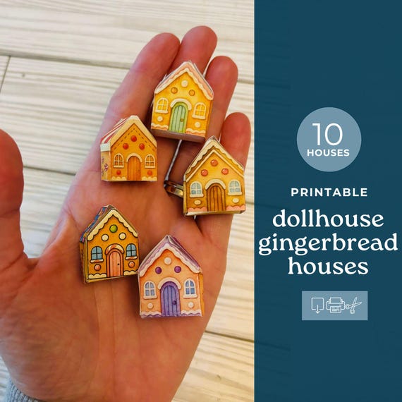 Miniature Dollhouse Christmas Gingerbread Houses, Printable for dollhouse accessories, Holiday Miniatures for Dollhouses, 1:12