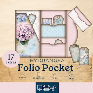 Hydrangea Junk Journal Folio, florales Junk Journal Folio, dreifaches Taschen Ephemera, Pastellrosa und Blaues bedruckbares Papier Scrapbook Kit