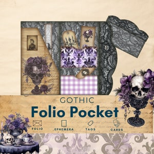 Gothic Junk Journal Folio, Dark Academia Folio, Papiermodell, dreifach faltbares Pocket Ephemera, Scrapbook Kit mit lila und schwarzem Papier