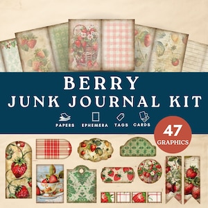 Kit de journal indésirable aux fraises, éphémères fraises, papier vintage aux fraises, album de coupures de papier imprimable berry, pages de journal indésirables