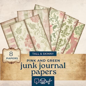 May include: A collection of eight tall and skinny pink and green junk journal papers. The papers feature floral and striped patterns in shades of pink, green, and cream. The text "Pink and Green Junk Journal Papers" is displayed on the image.