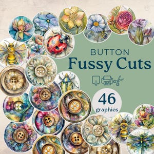 Printable Junk Journal Buttons, fussy cut buttons, digital sewing junk journal supplies, floral scrapbooking ephemera, fussy cut pages