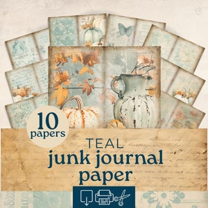 Papier pour carnet d'automne citrouille sarcelle, articles éphémères d'automne, kit de scrapbooking en papier imprimable automne vintage, pages imprimables de carnet de bord