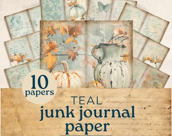 Teal pumpkin fall junk journal paper, fall ephemera, vintage autumn printable paper scrapbook kit, printable junk journal pages