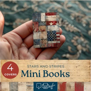 Afdrukbaar mini-poppenhuisboek, Stars and Stripes-miniatuurboek, Fourth of July-rommeldagboek, collagevel, papieren poppenhuisboek