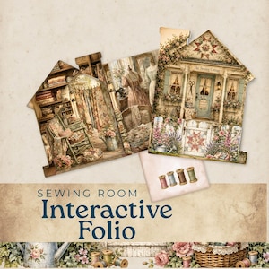 May include: An interactive folio featuring a house-shaped design with detailed illustrations of a sewing room interior and a cottage exterior. The text reads SEWING ROOM Interactive Folio. Four small wooden thread spools are shown on a light background.