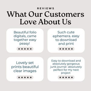 May include: Image displaying customer reviews with the headline "What Our Customers Love About Us." The reviews highlight digital products, ephemera, and prints, emphasizing ease of use and quality. Each review includes a five-star rating.