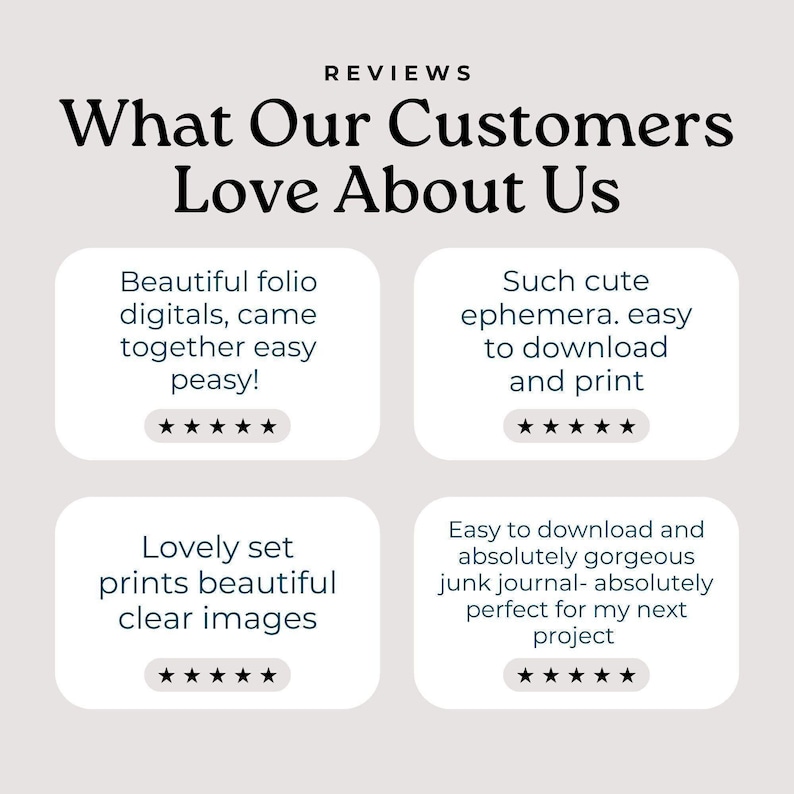 May include: Image displaying customer reviews with the headline "What Our Customers Love About Us." The reviews highlight digital products, ephemera, and prints, emphasizing ease of use and quality. Each review includes a five-star rating.