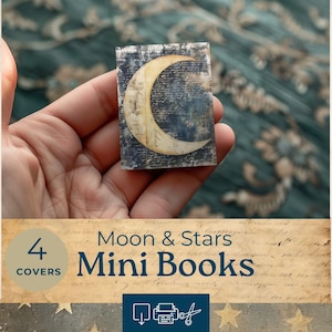 Afdrukbaar mini-poppenhuisboek, miniatuurboek maansterren, junk-dagboekpapier, collagevel, papieren poppenhuisboek