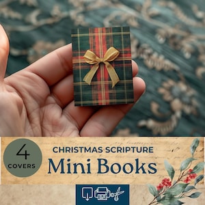 May include: A miniature Christmas-themed book with a plaid pattern in green, red, and gold, tied with a gold ribbon. The image also shows the text "CHRISTMAS SCRIPTURE Mini Books" and "4 COVERS".