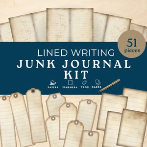 May include: A junk journal kit with lined writing paper, tags, and cards. The kit includes 51 pieces. The text on the image reads "Lined Writing Junk Journal Kit". A gold pen is also included.