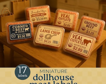 Printable Dollhouse Grocery Labels meat, miniature groceries labels,  dollhouse food packaging and labels, Dollhouse Pantry, Vintage Labels