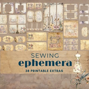 Sewing Theme printable junk journal, ephemera cards, digital collage, old vintage sewing junk journal kit extras, vintage sewing pages