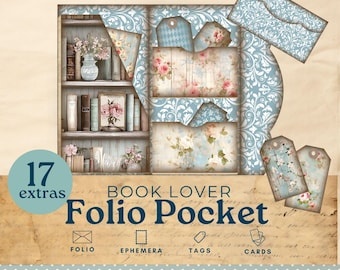Shabby Chic library Junk Journal folio, teal floral junk journal folio, trifold pocket ephemera,   printable scrapbook kit, book lover, JJ1