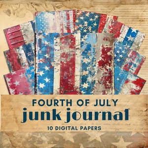 4.Juli Junk Journal Papier, Stars and Stripes altes Vintages digitales Papier, patriotische Ephemera, Aquarell recyceltes Papier, Scrapbook Seiten