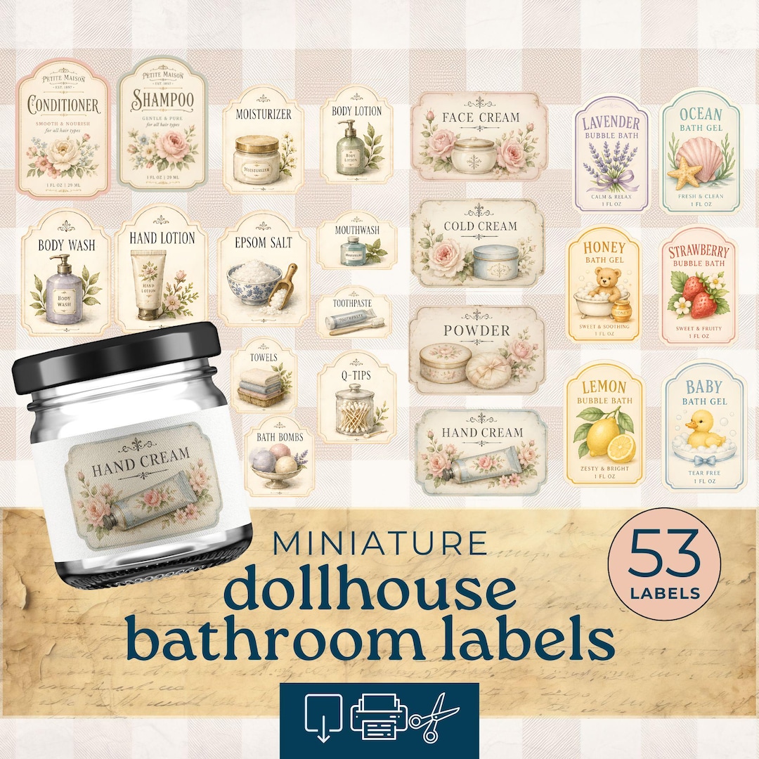 Printable Dollhouse Bathroom, Bath Labels Printable 1: 12 Scale ...