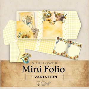 Sunflower Junk Journal Mini folio, yellow mini book, tiny trifold pocket ephemera, printable scrapbook kit, highland cow journal