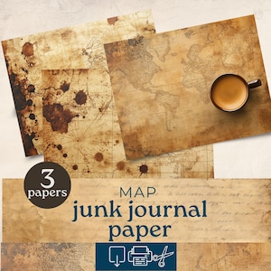May include: Three sheets of vintage-style map paper with coffee stains and a cup of coffee. The papers are tan and brown, with a world map design. The text "MAP junk journal paper" is visible.