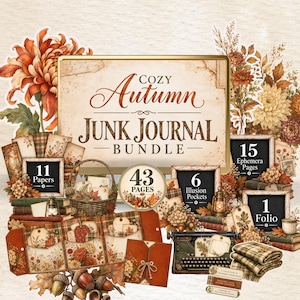 May include: A digital junk journal bundle titled Cozy Autumn Junk Journal Bundle, featuring 43 pages, 11 papers, 15 ephemera pages, 6 illusion pockets, and 1 folio. The design includes illustrations of autumn flowers, acorns, a basket, and a typewriter.