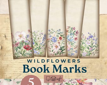 Printable floral bookmark, wildflowers journal watercolor printable, junk journal,  Ephemera Junk Journal, cute bookmark printables