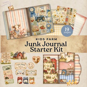 Könnte beinhalten: Ein Junk-Journal-Starter-Set mit 19 Seiten Papier zum Thema Bauernhof, inklusive Illustrationen von Kuh, Schwein, Traktor, Scheune und Sonnenblumen. Das Set enthält verschiedene ausgeschnittene Anhänger, Etiketten und Taschen mit Texten wie Kids Farm, Junk Journal Starter Kit und Farm Sweet Farm.