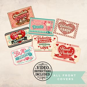 May include: A collection of vintage-style Valentine's Day-themed labels and signs. The designs feature hearts, sweets, and text like "Chocolate Kisses," "Sweet Treats," and "Hand Packed." The color palette includes pink, red, and cream.