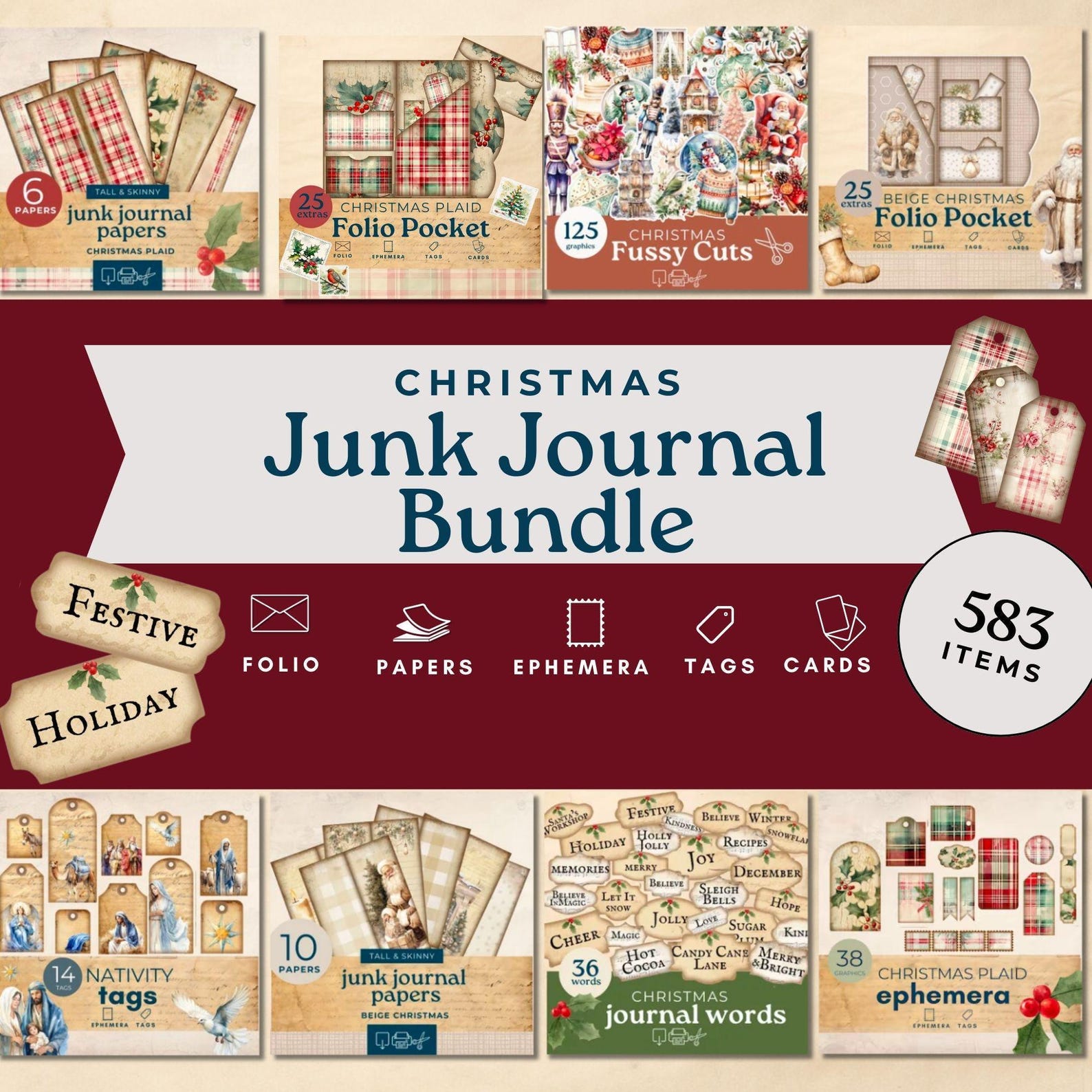 Shabby Chic Christmas Junk Journal Kit , Christmas Plaid Junk Journal ...