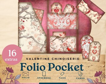 Valentine Chinoiserie Junk Journal folio, valentine junk journal pockets, trifold ephemera, printable paper craft, chinoiserie junk journal