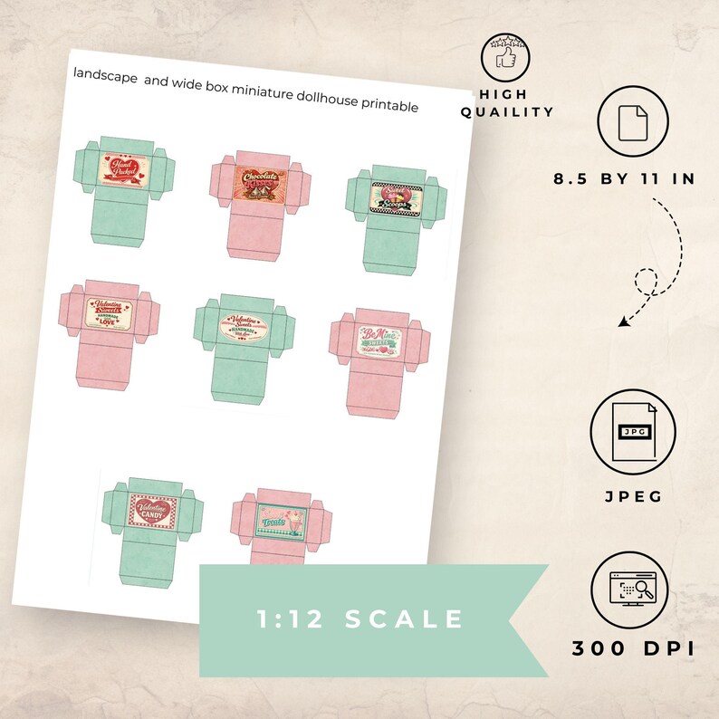 May include: Printable miniature dollhouse boxes in pink and teal, with Valentine's Day and candy-themed designs. The sheet is 8.5 by 11 inches and printed at 300 DPI. The text on the sheet reads "landscape and wide box miniature dollhouse printable".