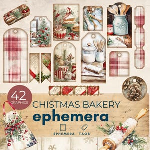 Christmas Bakery Junk Journal, Vintage Christmas Tags, shabby chic ephemera, Digital download printable, digital recipe cards junk journal