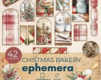 Christmas Bakery Junk Journal, Vintage Christmas Tags, shabby chic ephemera, Digital download printable, digital recipe cards junk journal
