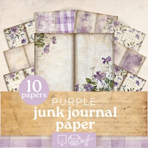 Lila Gingham Junk Journal Papier, Lavendel Blumen druckbare Ephemera, digitaler Download, Vintage Scrapbooking Zubehör
