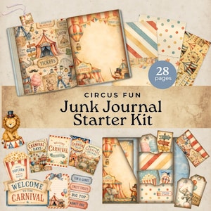 junk journal kit Circus, junk journal kits for beginners, starter kit, ephemera clusters, fussy cuts, envelope, mini books, children folio