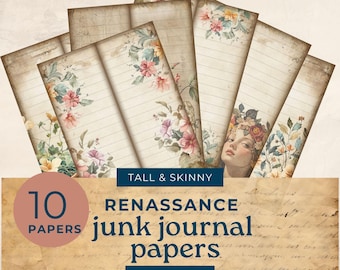 Renassance floral Tall and Skinny Junk Journal printables , watercolor floral skinny journal paper,  junk journal kit, junk journal ephemera