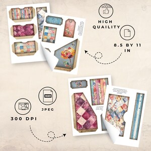 Patchwork Junk Journal folio, patchwork flower fussy cuts, trifold ephemera, printable paper craft, shabby chic junk journal image 2