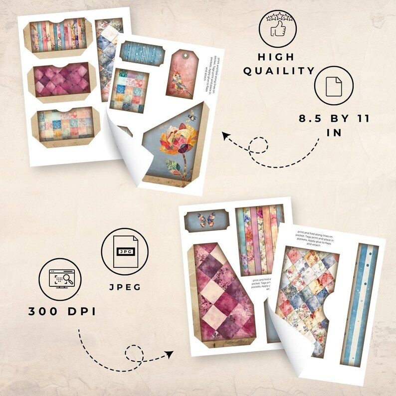 Patchwork Junk Journal folio, patchwork flower fussy cuts, trifold ephemera, printable paper craft, shabby chic junk journal image 2