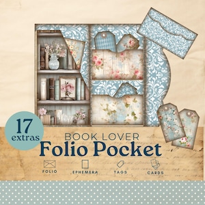 Folio shabby chic de journal indésirable de la bibliothèque, folio de journal indésirable floral bleu sarcelle, éphémère de poche à trois volets, kit de scrapbooking imprimable, amoureux des livres, JJ1