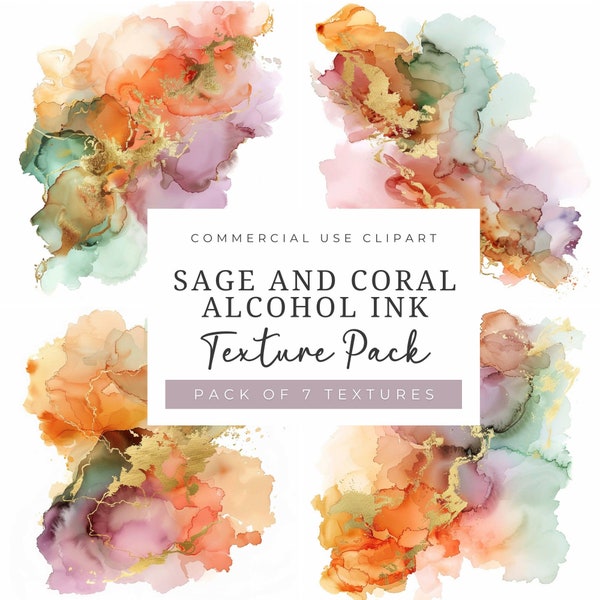 Sage and Coral Alcohol Ink Texture Pack, Junk Journal Background, commercial use, wedding watercolor splash backgrounds, liquid ink clipart